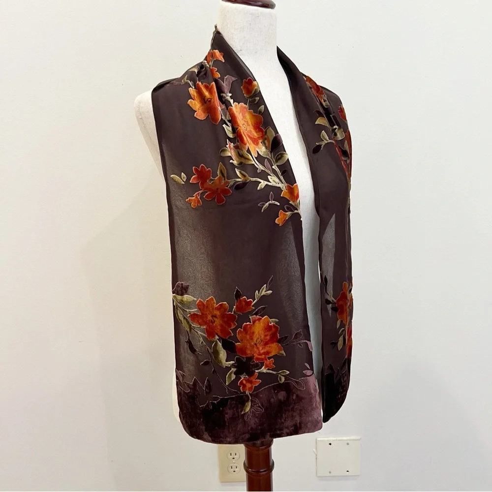 Echo Silk Velvet Burnout Scarf Women Rectangular Brown Floral Sheer Chiffon Luxe